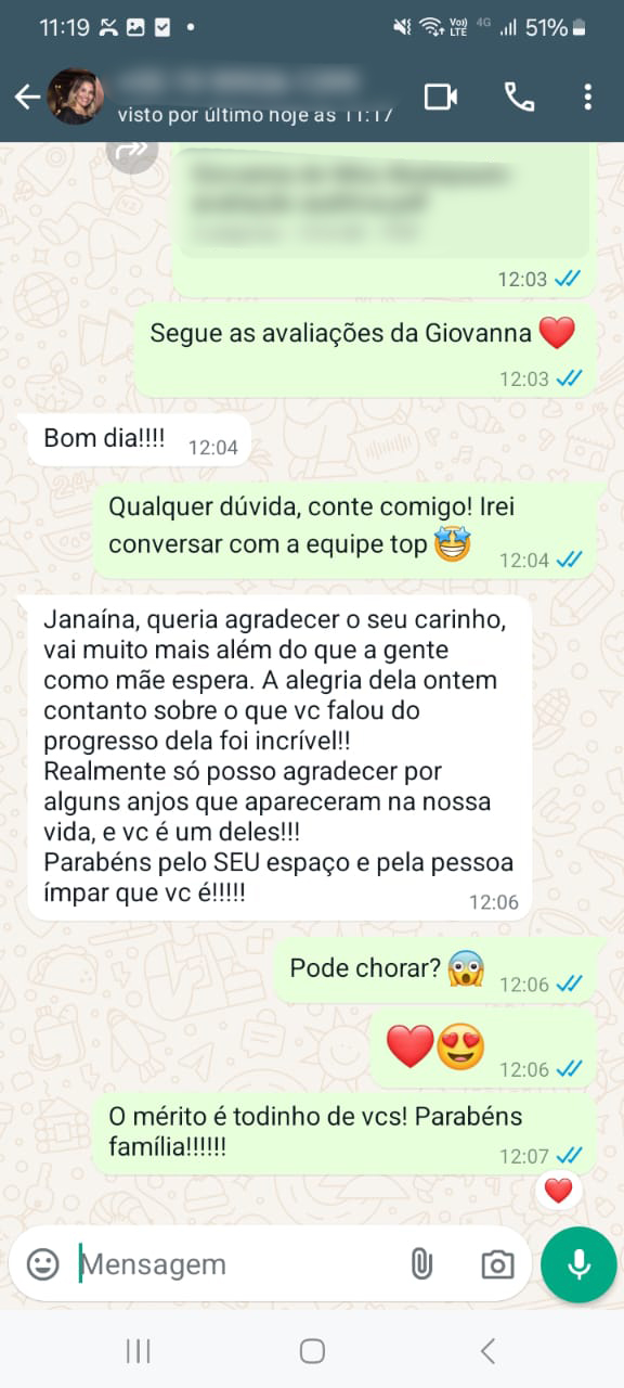 Depoimento de família pelo WhatsApp sobre a avaliação auditiva infantil com a Dra. Janaína Colon em Indaiatuba