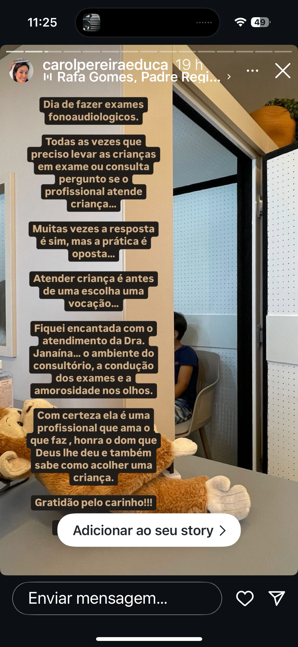Depoimento de mãe no Instagram sobre os exames auditivos infantis com a Dra. Janaína Colon